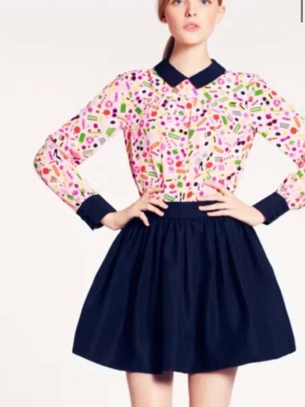 kate spade NY pink Multi Candy-Print Button Blouse with Black Trim